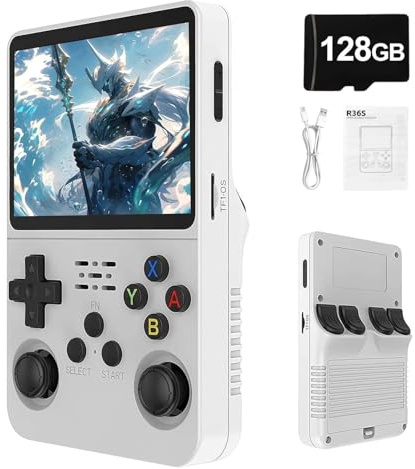 Syzplnwy R36S Retro Handheld Game Console with 3.5 Inch IPS Screen, 3500mAh Battery, 128GB TF Card, 20,000+ Games, Open Source Linux System for Teens & Adults, White