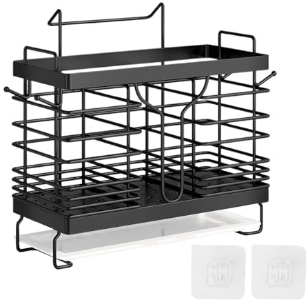 Portaposate e Organizzatore Utensili da Cucina Nero - Scolaposate con Funzione Scolante per Piano Cottura o da Appendere a Parete, Portautensili per Forchette, Coltelli, Cucchiai e Accessori da Cucina