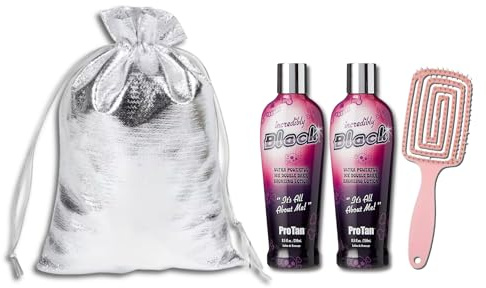 Incredibly Black Ultra Powerful 10X Double Dark Bronzing Lotion 250ml – Tanning Accelerator with Vitamin A & E, Shea Butter, and Coconut Oil – Bundle of 2 with Hair Brush and Gift Bag