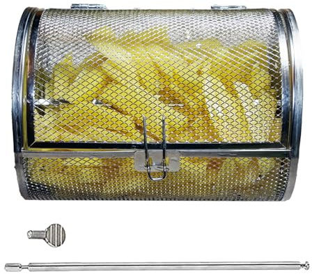 Stainless Steel Grill Basket - Rolling Rotating BBQ Drum, Coffee Bean Roaster, Crispy Cooking Grill Tool | Round Grilling for Fish Seafood Fries Nuts Beans Compatible with Most Grills and Smokers