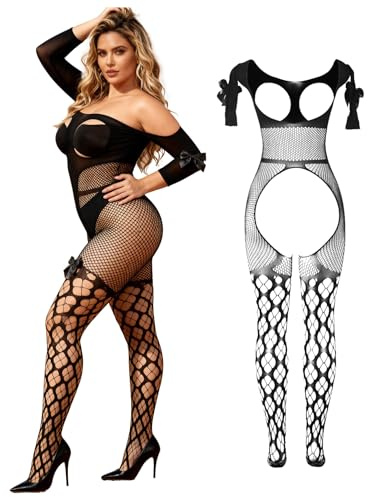 Lencería Sexy Mujer Body de Rejilla Sin Entrepierna Talla Grande XS-5XL | Bodystocking de Red con Abierta Entrepierna,Elástica Ropa Interior,Lenceria Abiertas Sexy Lingerie for Women