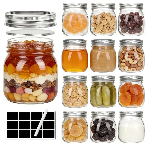 1ZIZIFA8 12 Pack Glass Mason Jars, 300 ml Canning Jars with Lids - 10 oz Airtight Glass Jars for Pickling, Jam, Jelly, Chutney, Fermenting, Honey & Spice Storage - Reusable & Leak Proof
