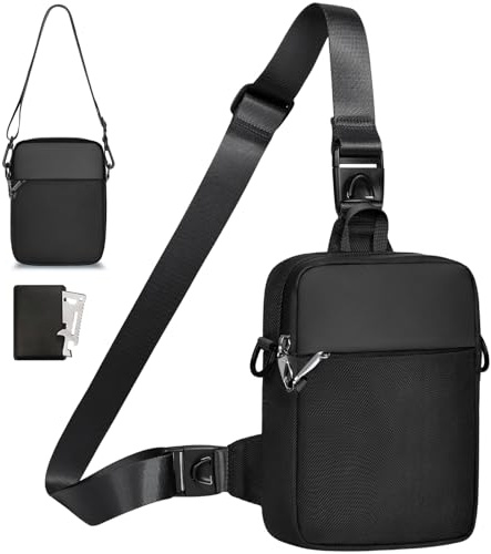 Eshow Umhängetasche Herren Damen, Anti-Diebstahl Brusttasche Schultertasche Wasserdicht Klein, Crossbody Sling Bag mit RFID-Schutztasche und Sicherheits-Reißverschluss für Reisen Outdoor Schwarz