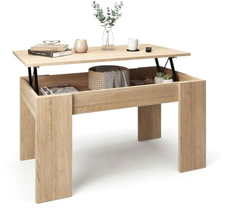 duehome | Mesa de Centro elevable, Mesita de Salón Comedor, Acabado en Roble Canadian, Modelo Norak, Medidas: 90 cm (Largo) x 50 cm (Ancho) x 45-53,3 cm (Alto)