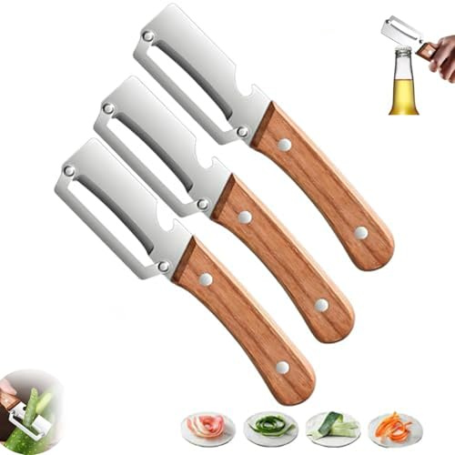 Pelapatate multifunzione da cucina 2 in 1 con apribottiglie integrato e manico in legno, adatto per frutta, verdura (3 pezzi)