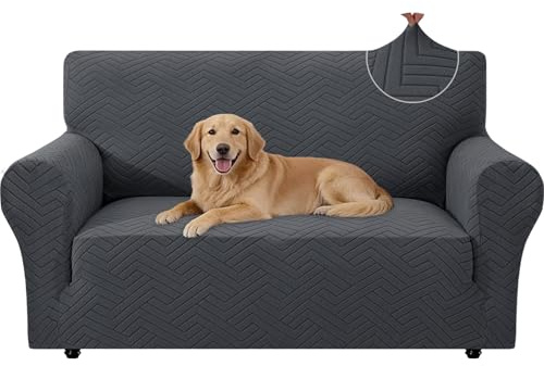 CYCMACO Stretch Sofaüberzug 2 Sitzer, Sofabezug rutschfest Mit Armlehnen, Universal Sofa Überzug Durable, Moderne Kratzfester Sofa Cover, Waschbare Sofaüberzug Für Wohnzimmer, Dunkelgrau