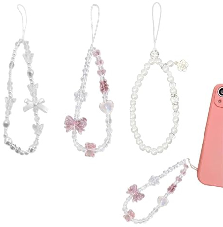 Ruvan 3 Pièces De Charme De Téléphone Perlé, Dragonne De Téléphone En Perles, Phone Charm Strap, Dragonne De Téléphone Portable Perlée Pour Femmes Filles, Formes De Fleurs Et De Papillons(Blanc)