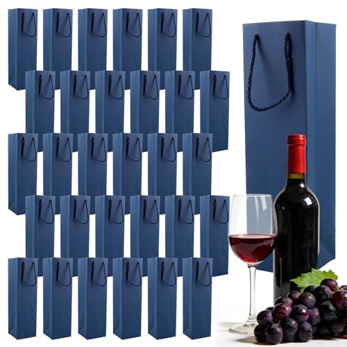 AKOLAFE 30 stycken flaskpåsar blå 9 x 9,5 x 35 cm för 750 ml vin vinpåsar blått papper presentpåsar flaskor med förstärkt handtag vinväskor papper flaskväska för vinprover bröllop vinnärvaro