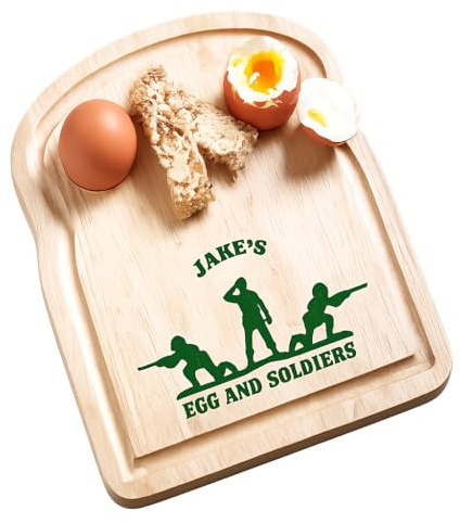 Just Giftz Personalised Egg and Toast Board, Wooden, 23cm x 15cm x 1.5cm | Handmade wooden board with dippy egg cup and toast soldier slots, custom-engraved gift, ideal for kids and gifting.