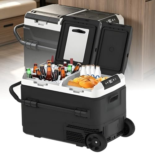 Bilkylskåp - dubbla zoner Elektrisk kylbox, bilkylskåp -4℉~68℉, bärbart kylskåp 12/24V DC 100-240V AC, bärbar frys för resor, camping, husbil, hem 60L