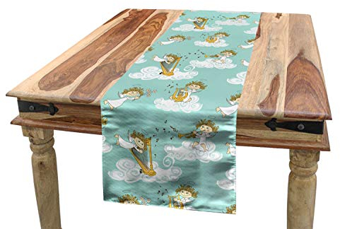 ABAKUHAUS Engel Tischläufer, Harfe Spielen im Himmel, Esszimmer Küche Rechteckiger Dekorativer Tischläufer, 40 x 225 cm, Braun Gelb Seafoam Weiß