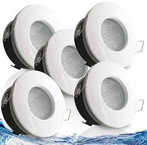 trendlights24 NAU Decken Einbaustrahler rund flach IP65 230V 5W 5er Set | Decken Einbauleuchten, Weiß, ultra flach, 50 mm Einbautiefe, LED Spots, Warmweiß, 3000k, austauschbar Bad, Feuchtraum, außen