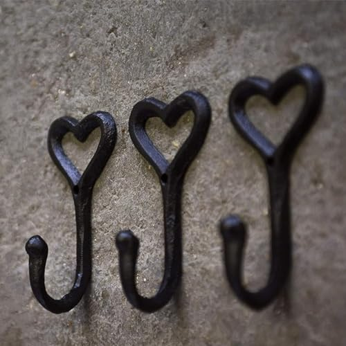 TentHome 3er Set Garderobe/Wandhaken Rustikale Kleiderhaken Gusseisen Metallhaken Herzsform Aufhänger Antike Haken mit Schrauben und Dübeln