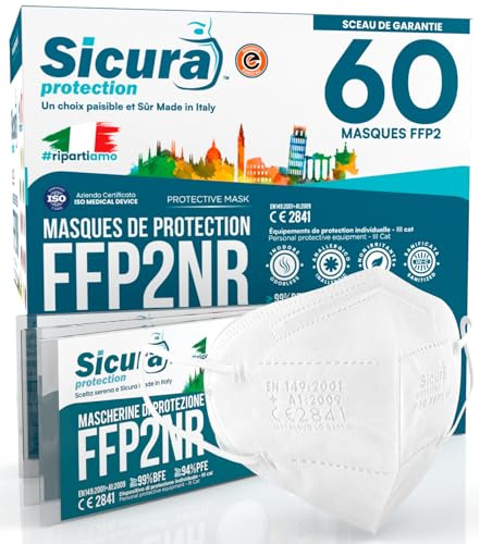 60 Mascherine FFP2 Certificate BIANCHE SICURA Protection Made in Italy | BFE ≥99% Mascherina ffp2 vera Marcatura EFFETTO PULITO e sigillata. EN 149:2001+A1:2009