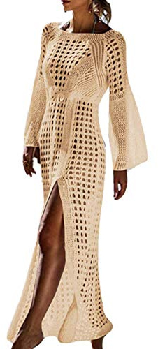 LikeJump Femmes Tricot Crochet Évider Robe de Plage Maillots de Bain Cover Up Kaftan Maxi Tops