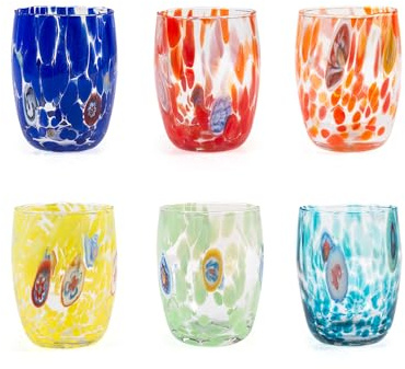H&H Set 6 Bicchieri Veneziano In Vetro Decorato Multicolore Cl 38