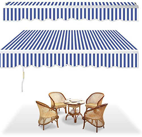 Tubiaz Toldo Manual con Brazo Articulado, 350x300cm Toldo Retráctil con Manivela, Protección Solar Anti-UV, Regulable en inclinación, para Jardin, Cafetería, Azul y Blanco