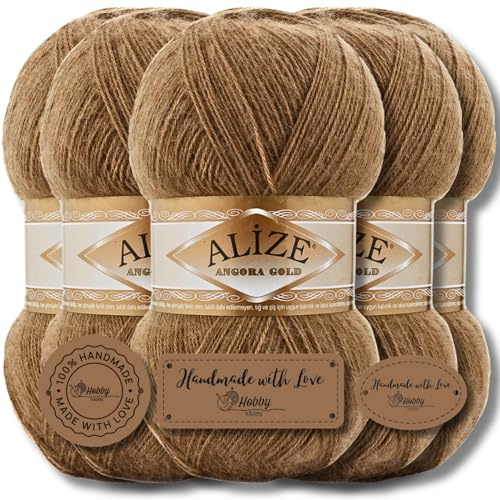 Hobby YARN 3x Etikettenlabel mit Alize Angora Gold Wolle Premium 5x100g als Set, Yarn, Garn, Dünne Mohair aus Schurwolle, Uni, Einfarbig, Strickgarn (Dark Beige - 466)