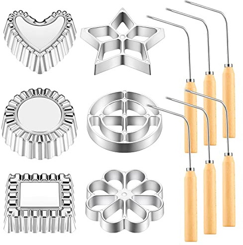 Tessco 12 Pcs Rosette Iron Molds, 6 Shape Achappam Bunuelos Mold with Handle Aluminium Iron Rosette Maker and Wooden Handles for Christmas Kitchen Baking Housewares Waffle Cookie Cooking