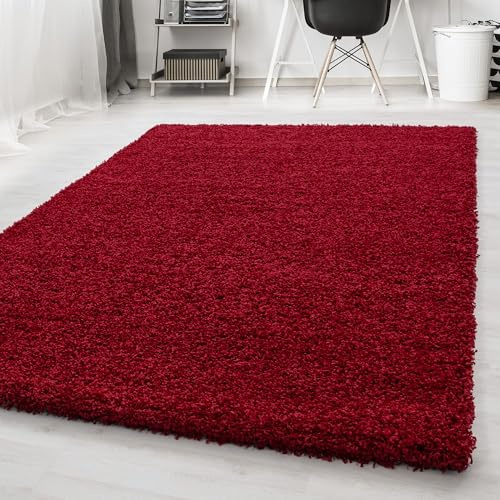 Carpetsale24 Teppich Wohnzimmer Shaggy Flokati Einfarbig 120 x 170 cm Rot - Hochflor Schlafzimmer Pflegeleicht Und Super Weich - Flauschiger Langflor 50 mm Florhöhe Rechteckig