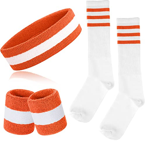 ONUPGO 5-teiliges gestreiftes Schweißband und Socken-Set, gestreiftes Stirnband, Schweißbänder, gestreifte hohe Socken für Männer, Frauen, Sport und 80er-Party