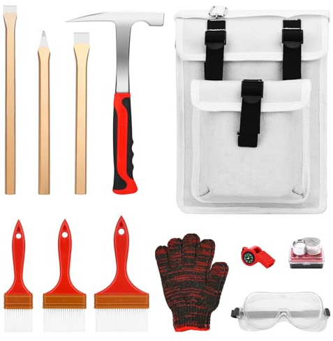 12pcs Geology tool kits，Rock mining tools，Rock hounding tools with exquisite accessory matching，Geological hammer and Foldable shovel (02red)