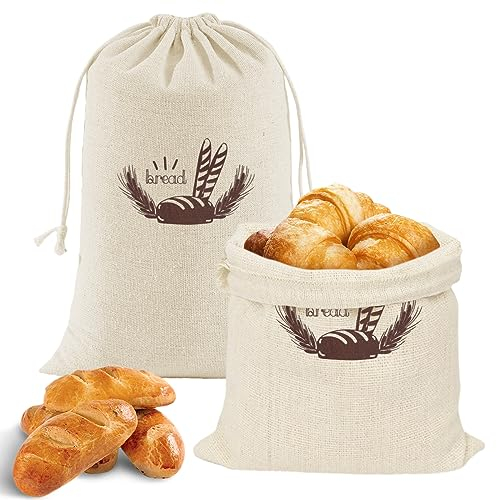 2 Pezzi Sacchetto Pane in Lino 30 × 38 cm, Borsa Riutilizzabile con Coulisse per Prodotti da Forno, Frutta e Verdura