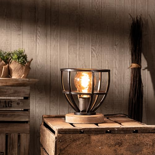 Lightbox Vintage Tischlampe - 20 cm Höhe, Ø 18 cm - Tischleuchte mit Schalter & Gitter Schirm aus Metall & & Basis aus Kiefernholz - E27, max. 40 W - in Antik Schwarz/Dunkelbraun