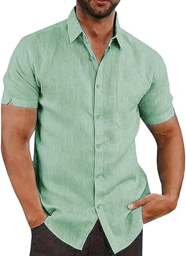 Friptspyg Leinenhemd Herren Hemd Kruzarm Baumwolle Leinen Hemden Regular Fit Freizeithemden Sommer Kurzarmhemd Casual Strandhemd mit Tasche, Mintgrün XL