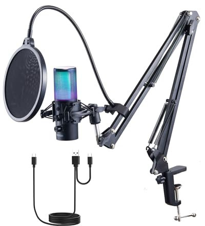 VEVOR USB Microphone, 192 kHz/24-bit, Professional Condenser Microphone Kit with Boom Arm Stand Pop Filter Shock Mount, 11 RGB Lighting Effects Mute Button Headphones Jack for Recording Gaming Singing