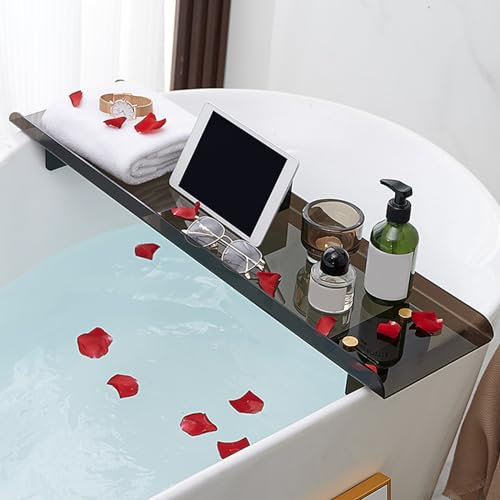 GIYDNEI Badewannen-Caddy-Tablett Aus Klarem Acryl, Verstellbare Badewannenhalterung, Badewannenablage, Badezimmer-Badewannenregal, Aufbewahrungsregal,Black a,80cm