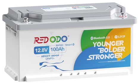 Redodo Batterie LiFePO4 12V 100Ah H190 Batterie Lithium avec Bluetooth Fonctionnalité Protection Contre Basses TempératuresBMS 100A 1280Wh Hauteur 188 mm Parfaite pour Camping-Car Marines