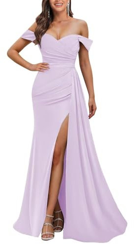 YIANN Robe de bal à épaules dénudées avec fente sirène en satin pour invités de mariage longue robe de fête, lilas, 38
