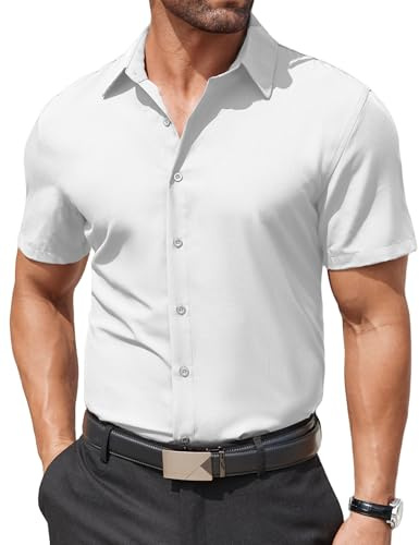 COOFANDY Herren Hemd Kurzarm Businesshemden Wrinkle Free Kurzarmhemd Freizeithemd Formelle Hemden Männer Regular Fit Einfarbig Anzughemd Weiß XL
