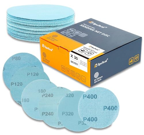SpeTool Schleifgitter 150mm Klett 30 Stück schleifnetz Schleifscheiben Körnung 80/120/180/240/320/400 Staubfreies Klett-Schleifpapier für Holz, Gipskarton, Metall, Epoxidharz