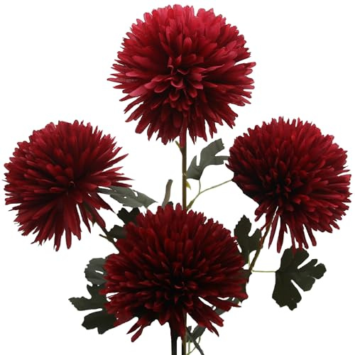 HASWITDA Artificial Silk Large Chrysanthemum 5.5” Flower Heads with 25” Long Stem Tall Faux Hydrangea Flora Bouquet Fake Ball Decorative Arrangement for Indoor and Outdoor 4 Stems Dark Red