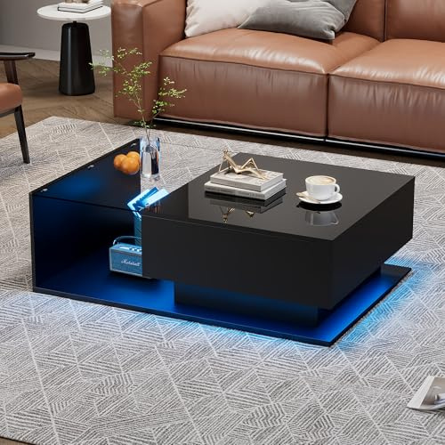 Merax Modern High Gloss LED Coffee Table with Storage, Stylish and Innovative Side Tables for Living Room with Drawer and Compartment, Tempered Glass Coffee Table, Black, 100x50x32cm
