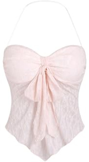 GORGLITTER Women's Y2k Going Out Babydoll Top Bow Knot Asymmetrical Lace Halter Tops Sexy Backless Summer Outfits Pink S