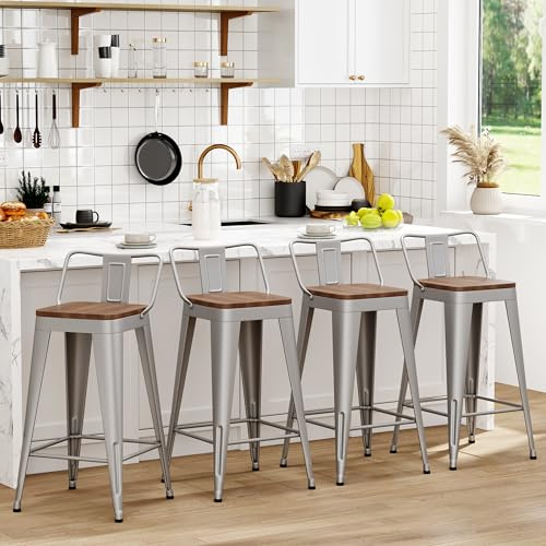 WENTMENT Bar Stools Set of 4 Counter Height Stools with Removable Back 26 Kitchen Bar Stools with Wooden Seat, Silver