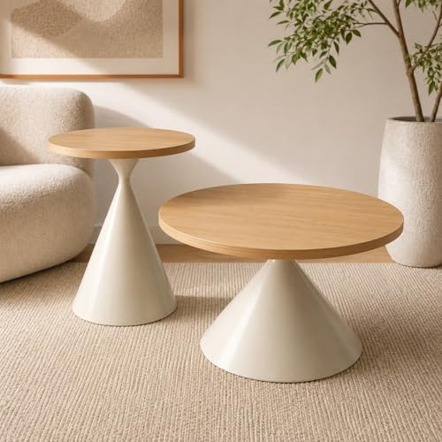 JAZYKA Table Basse Salon Ronde gigogne – Set de 2 – Bois Clair et Blanc cassé – Design scandinave Moderne – Table d’appoint ou Bout de canapé – Modèle ÁUREA