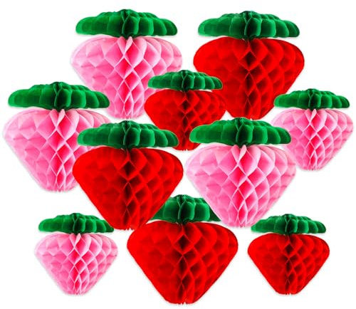 BOARDFEB 12 Pcs Paper Strawberry Honeycomb Ball, Shortcake Birthday Decorations for Fruit Theme Birthday Party Baby Shower Wedding Garden Supplies Red Pink