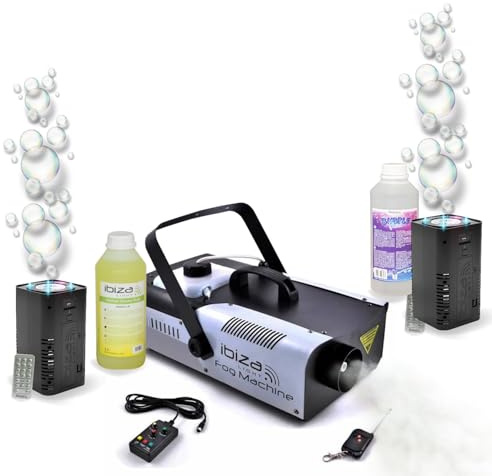 Ibiza Light - Pack Lumière Machine fumée DMX 1200W Ibiza LSM1200PRO - 2 Machines à Bulle LED BUBBLE-DREAM - Liquides inclus - Mariage Bapteme