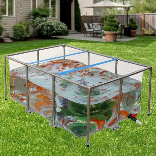 Faltbarer Fischteich aus PVC für Koi, Transparentes Aquarium Pool Rechteckig mit Edelstahl-Rahmen und Ablassventil, Großer Zuchtteich Teiche im Freien für Hydroponische Pflanzen(100x60x30 cm)