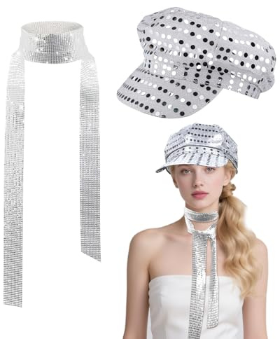 SAIIURV 2 Pièces Chapeau et Cravate Paillettes, Deguisement Disco des Années 1970, Costume Paillettes Disco Accessoire de Fête à Thème de Carnaval (Argent)