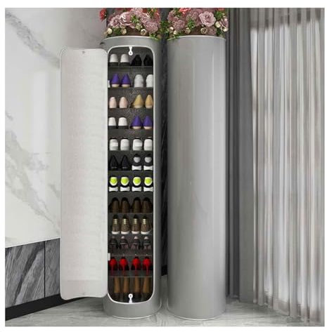Étagère à chaussures rotative multifonction en métal noir – verticale avec porte pour 6 paires de chaussures – Solution de rangement élégante pour placard et entrée