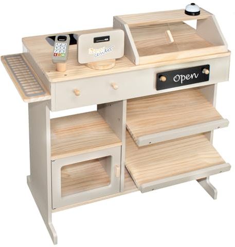 howa Kaufladen 47551 - Negozio di mercanti in legno, con cassetta e lettore di carte giocattolo, lavagna per gesso, vetrina, campanello, giocattolo in legno naturale/beige