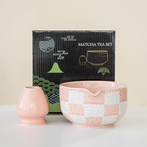 YlobdolY Keramiskt matcha skålset, matcha visphållare och skål med hällpip, handgjort gittermönstrat glaserat porslin, traditionellt japanskt matchställ set med svart presentask rosa