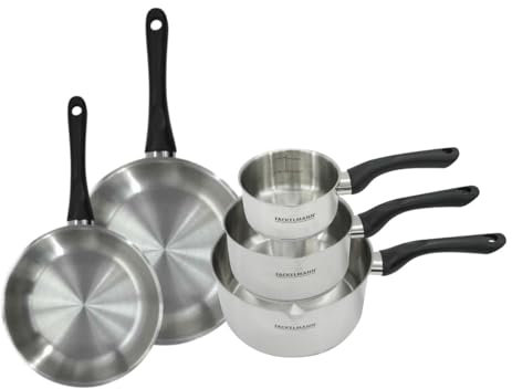 Fackelmann 9443750 Set 2 poêles 20 et 24 cm et 3 casseroles 12 16 et 20 cm en inox 18/8, tous feux, induction, sans PFAS, Acier inoxydable 18/8, 12 16 20 24 cm, Gris Perle