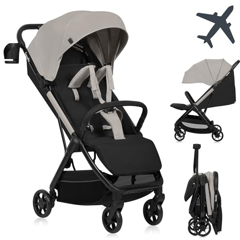 Lionelo Julie Air Buggy, Lätt 7,5 kg, Ultrakompakt Handbagage, Automatisk Hopfällning Auto-Folding, Axelrem, Plant Liggläge 83 cm, Fjädring, UPF 50+ XXL Kapell, (upp till 22 kg, från 6 mån), Beige