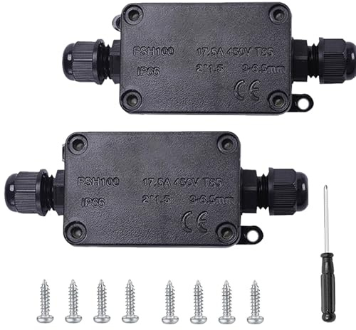 2Stk. IP66 wasserdichte Anschlussdose, 2 Wege Außenkabel Verbinder Verteilerdose, schwarze Verlängerungskabel Abzweigdose mit Verschraubungen für 3mm-8mm 6mm-10mm Kabelkabel
